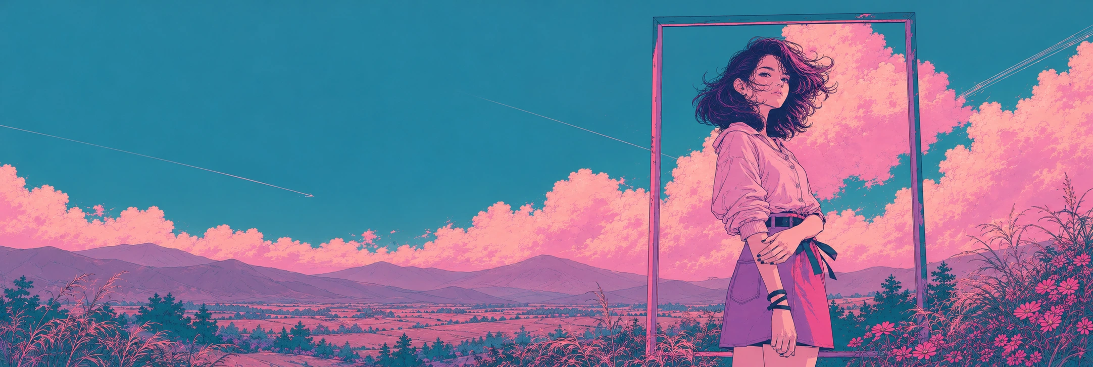 The Wave 3 character against rose clouds, teal sky and a wide mountain landscape