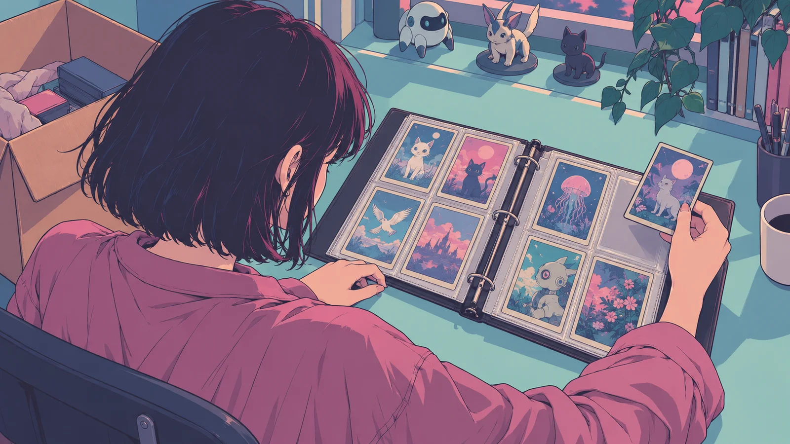 A woman seen over her shoulder holds a monster card facing her above an empty binder pocket, in dusty rose, teal and plum