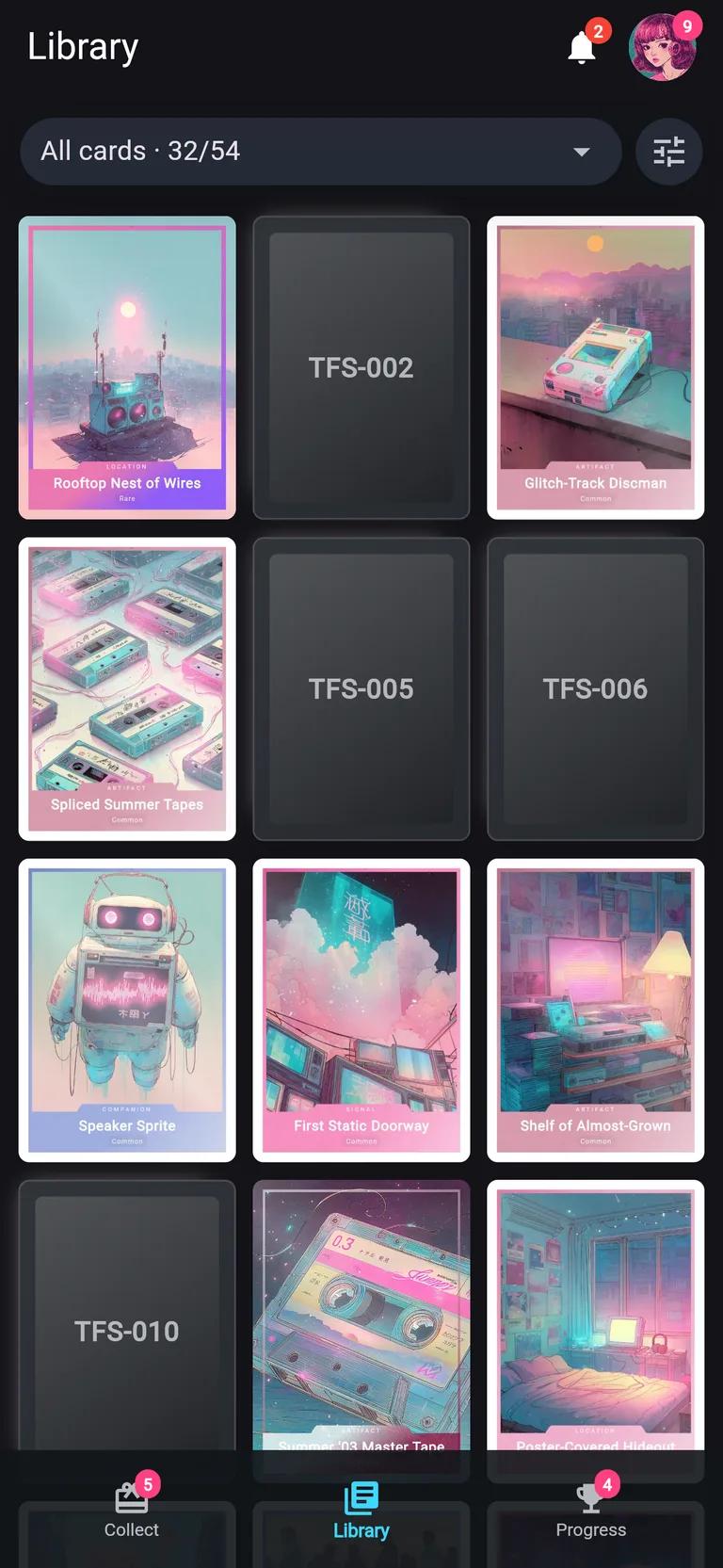 The card library screen in the ME & The Robots Collector app