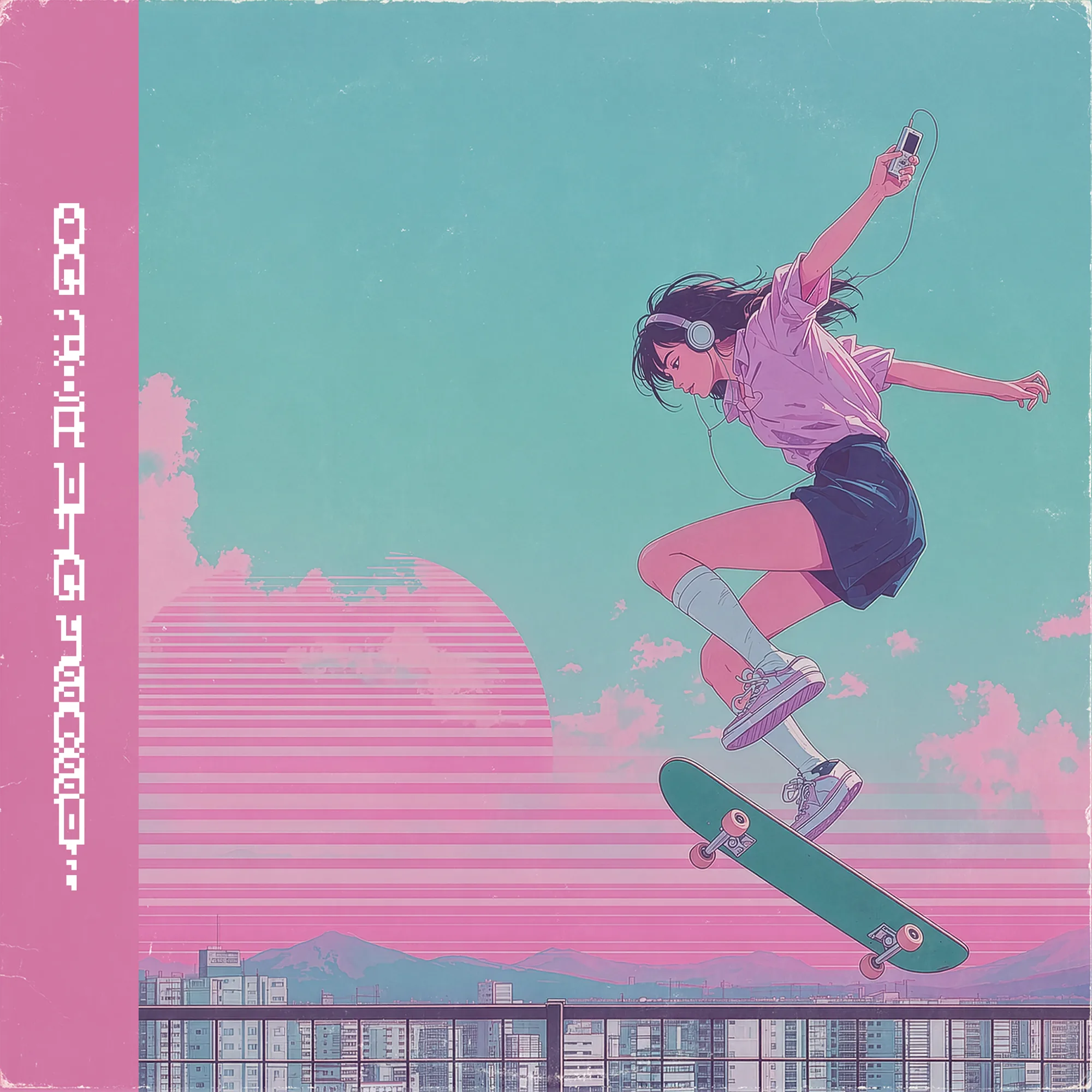 Early 00s official cover art: an anime skateboarder holding a music player against a pink and teal sky