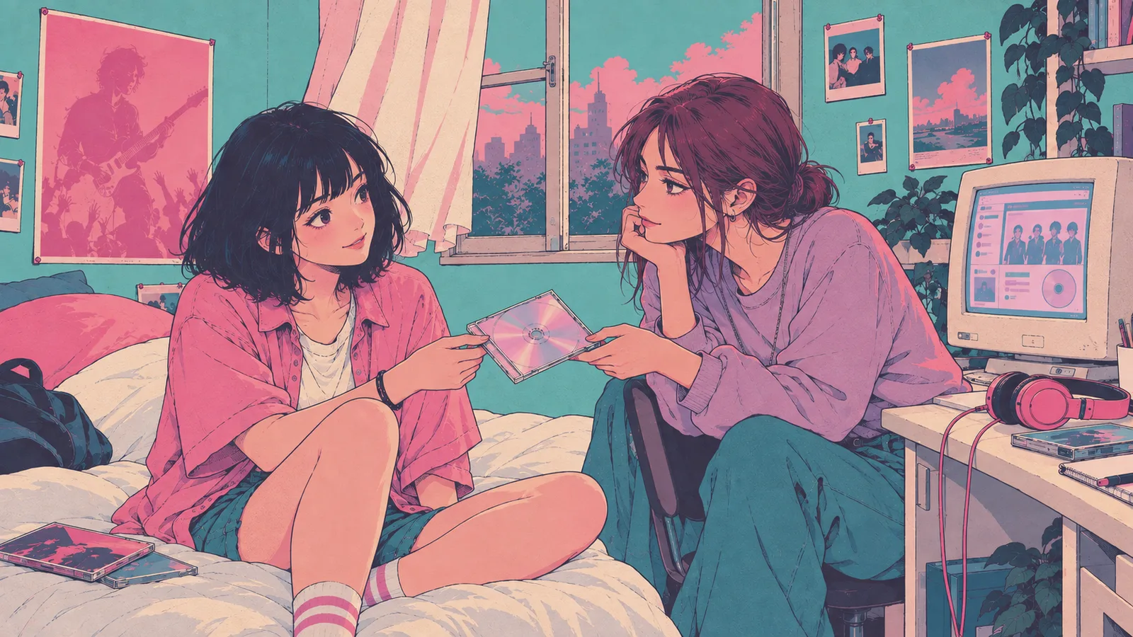 Two friends sharing a CD beside a bedroom computer in original Early 00s artwork for ME & The Robots