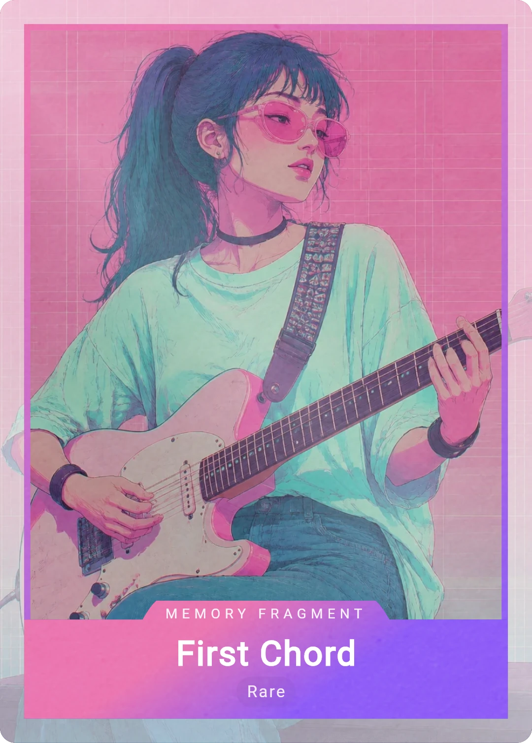 First Chord, the Collector welcome edition card featuring a guitarist in pink and mint