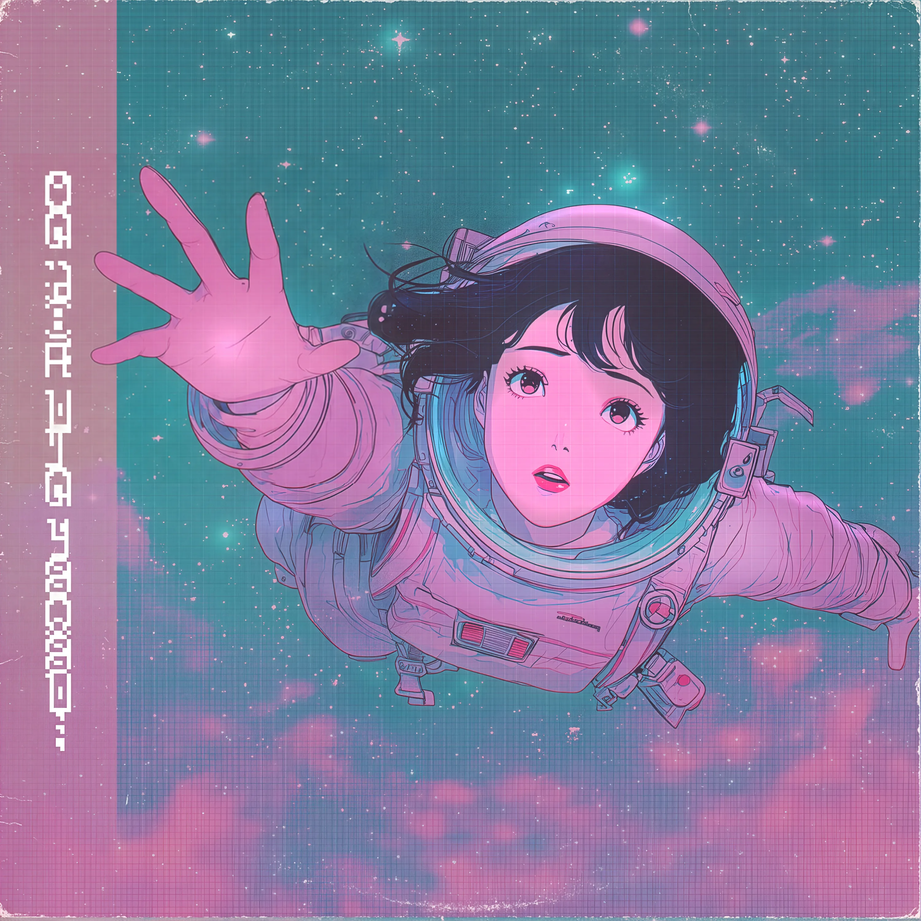 Moondust official cover art: an anime astronaut reaching through a pink and teal starfield