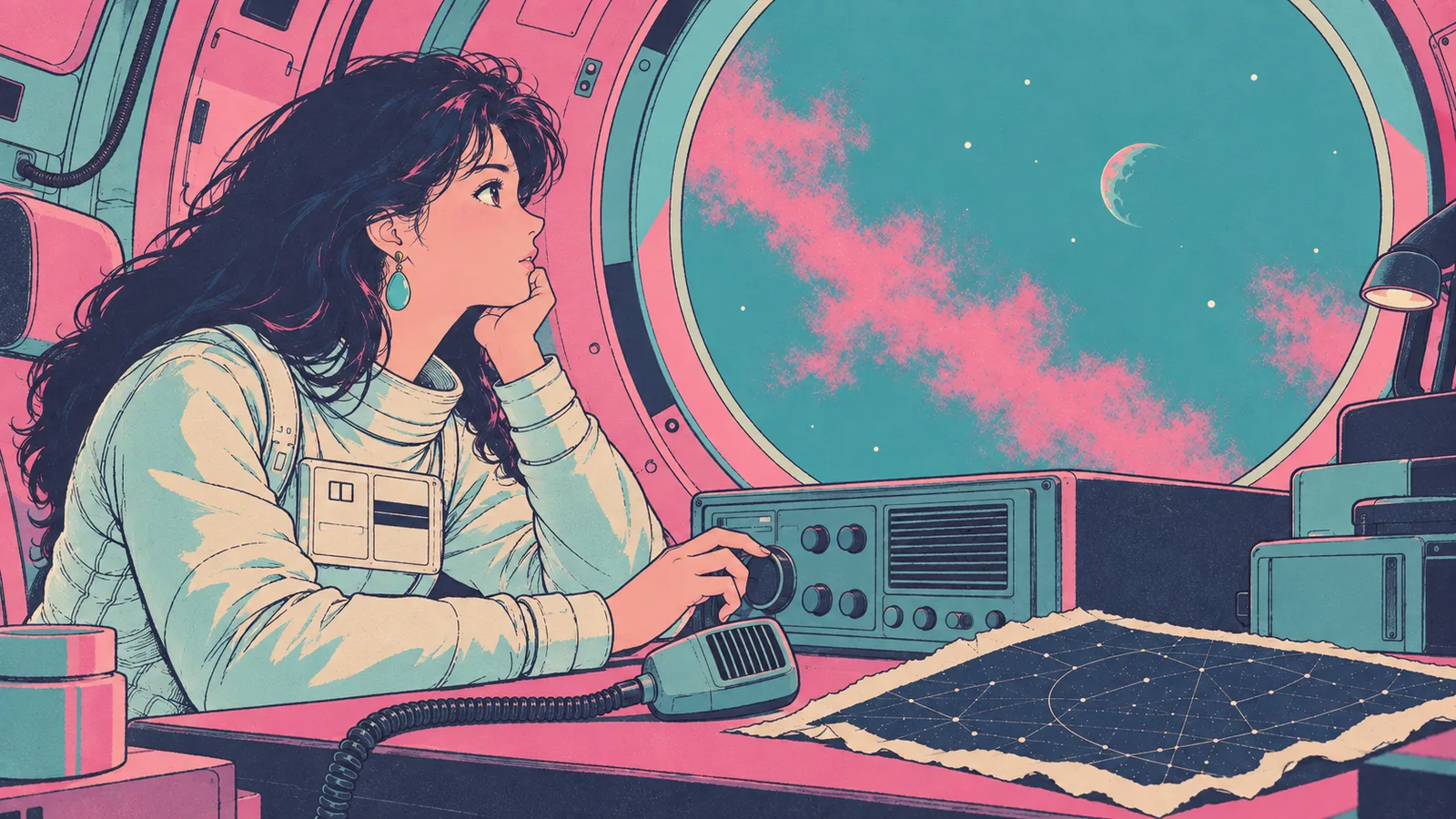 An astronaut listening beside a radio and torn star map, looking towards a distant planet in original Moondust artwork