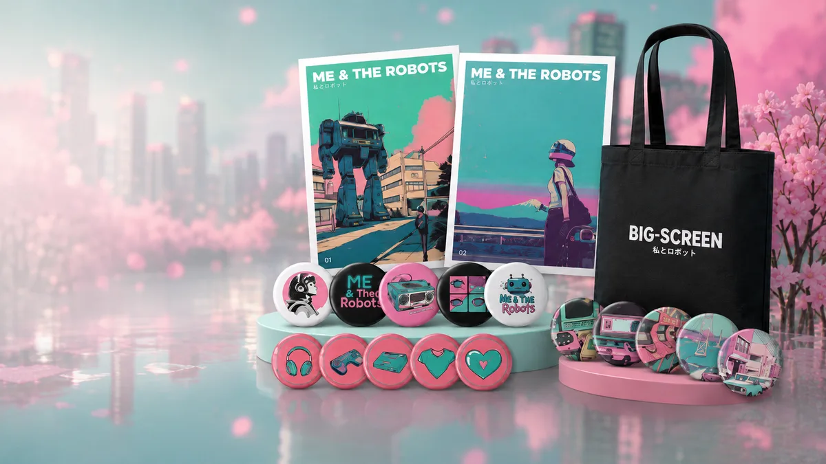 ME & The Robots posters, pin badges and Big-Screen tote bag