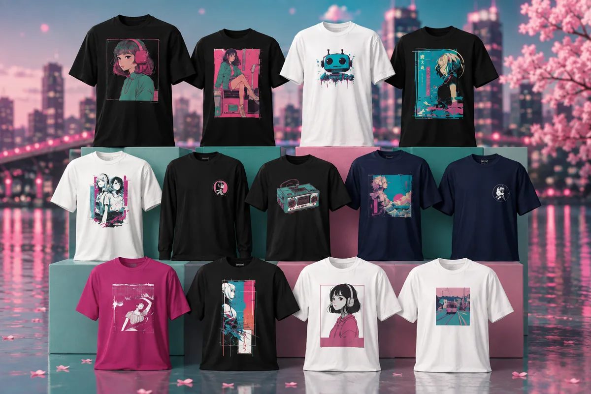 ME & The Robots T-shirt collection displayed against a neon city and cherry blossom backdrop