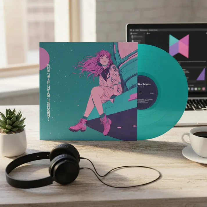 ME The Robots Wave Vinyl Record And Sleeve On A Desk Product Photo for ME & The Robots official website by ME & The Robots