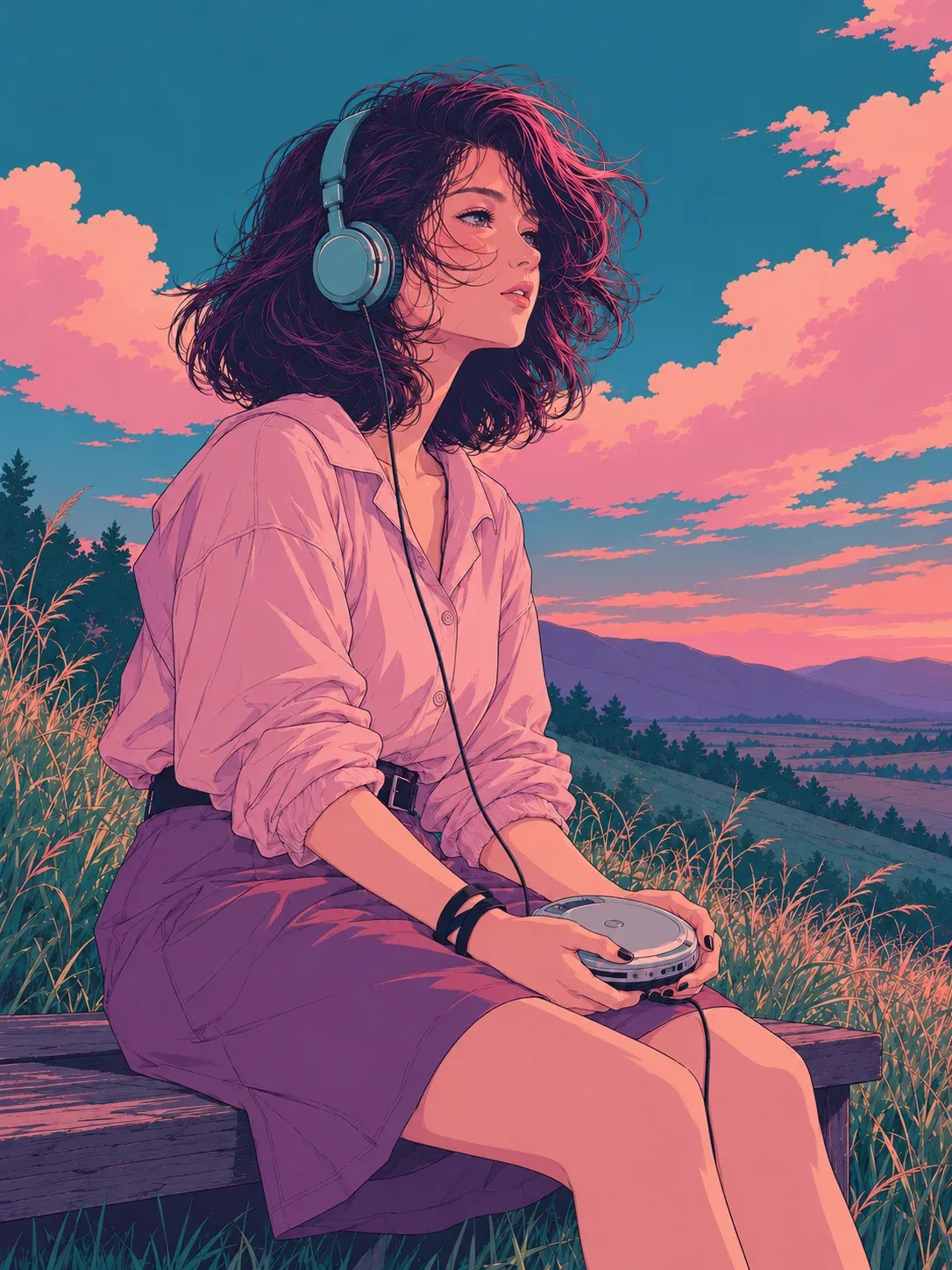 Wave 3 artwork of a girl listening on headphones on a hillside under pink clouds