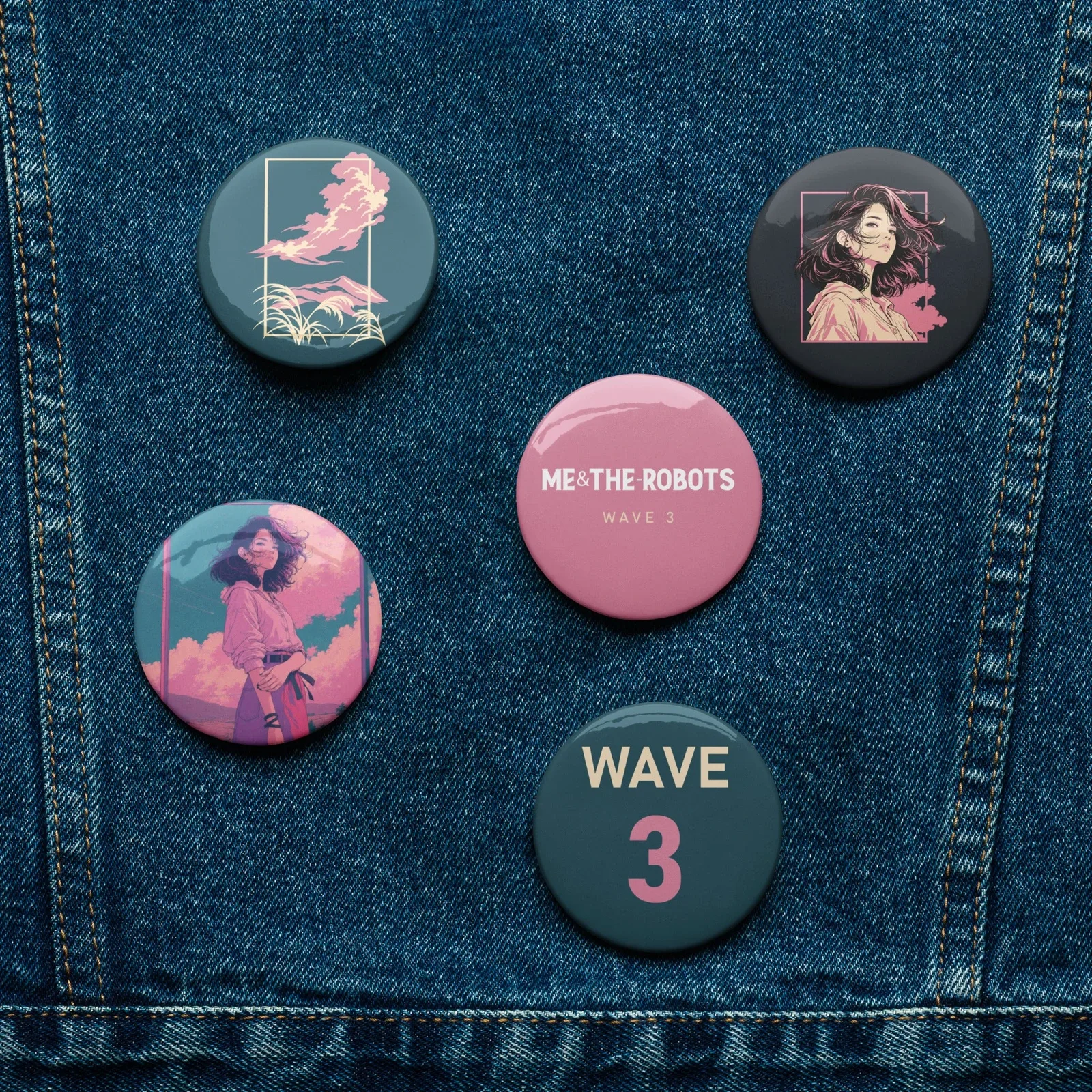 Wave 3 pin badge merch on a denim jacket